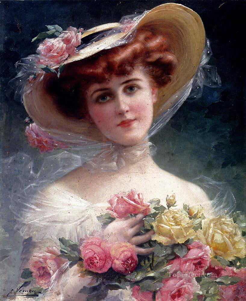 La Belle Aux Fleurs girl Emile Vernon classical flowers Oil Paintings